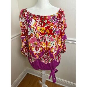 CeCe XL Red Floral Off Shoulder Tie Front‎ Blouse 3/4 Sleeve Women Size XL